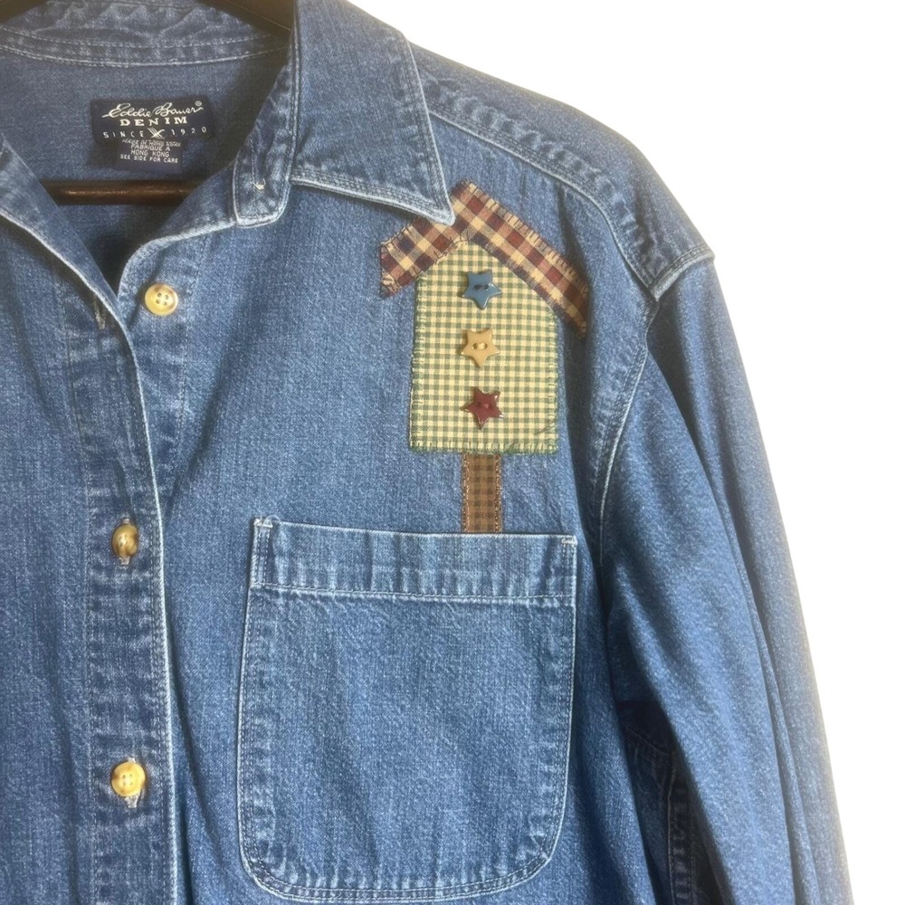 Vintage Eddie Bauer Denim Shirt Women's Small Birdhouse Embroidered Long Sleeve - Picture 2 of 8